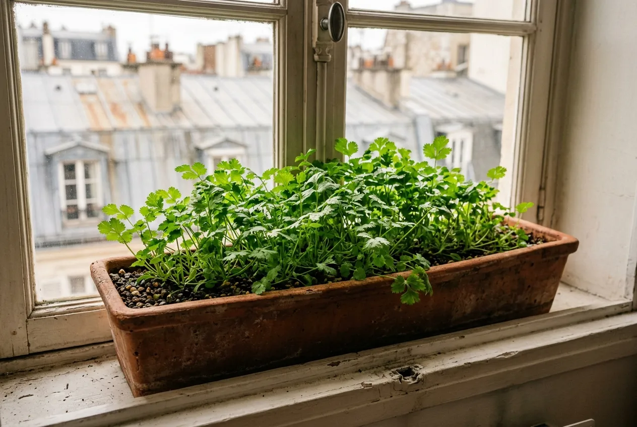 Jardinière de coriandre semée serré sur un rebord de fenêtre lumineux