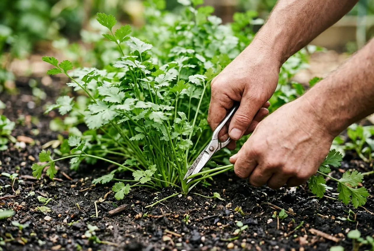 Récolter la coriandre en coupant les tiges extérieures à la base, cœur du plant préservé