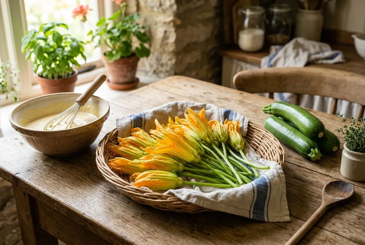 Fleurs de courgette mâles fraîchement cueillies dans un panier, prêtes pour les beignets