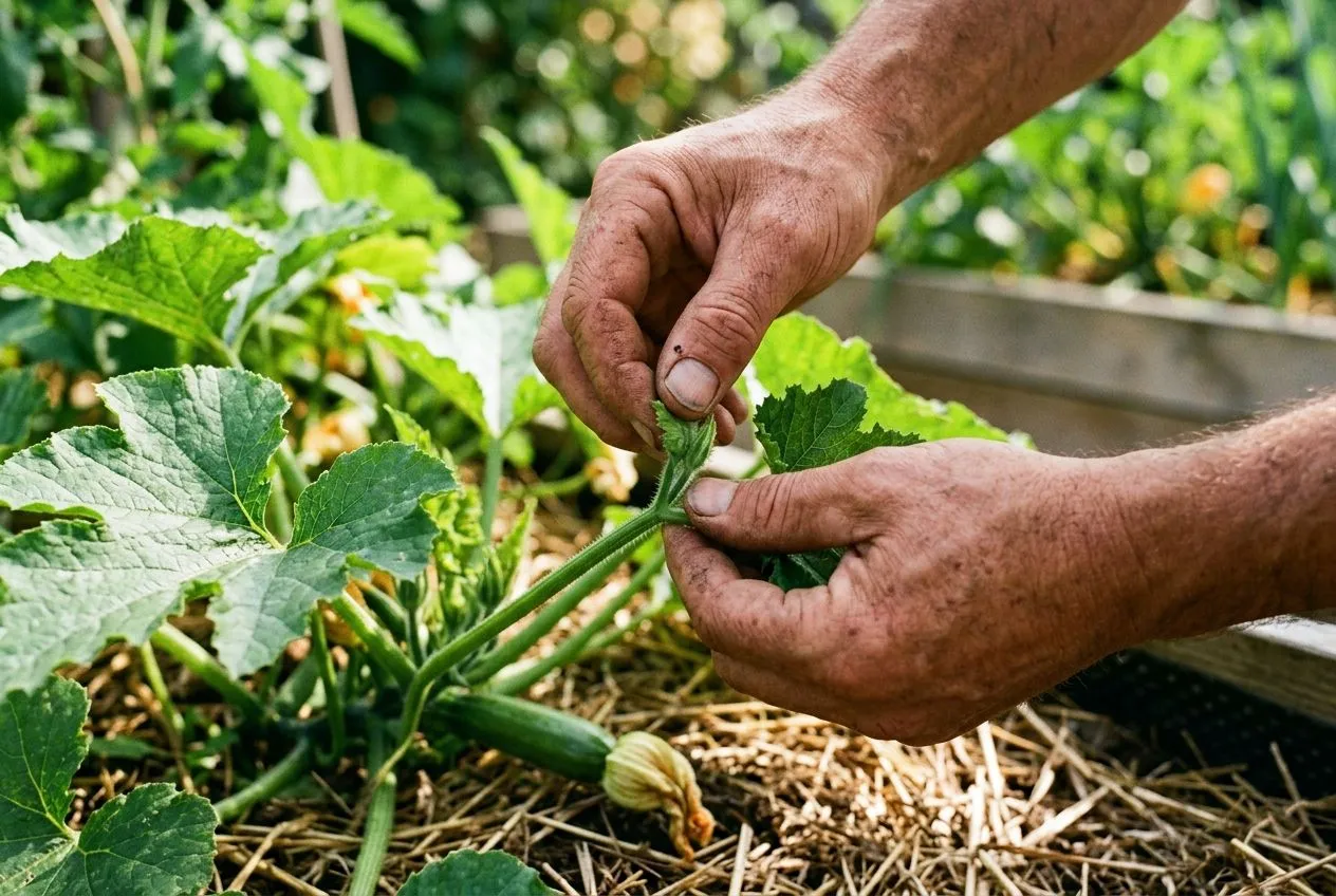 Pincement d'une courgette coureuse au-dessus de la deuxième feuille