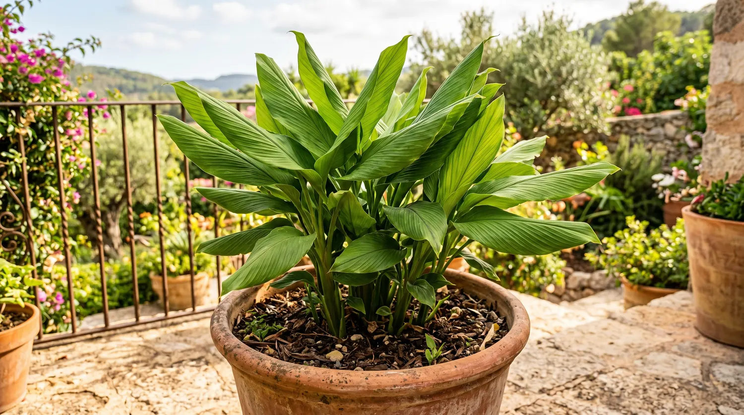 Plant de curcuma aux larges feuilles vertes tropicales en pot sur une terrasse