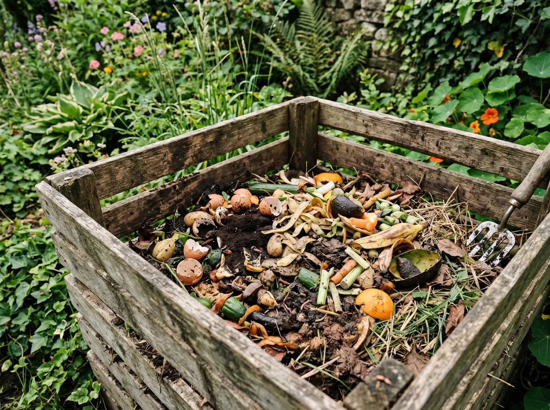 Petit composteur en bois dans un coin de jardin rempli de déchets en décomposition