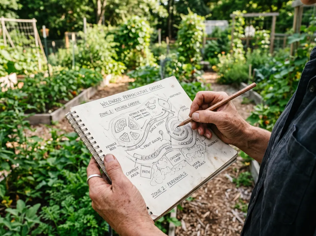 Mains tenant un croquis de conception d’un jardin en permaculture devant un potager