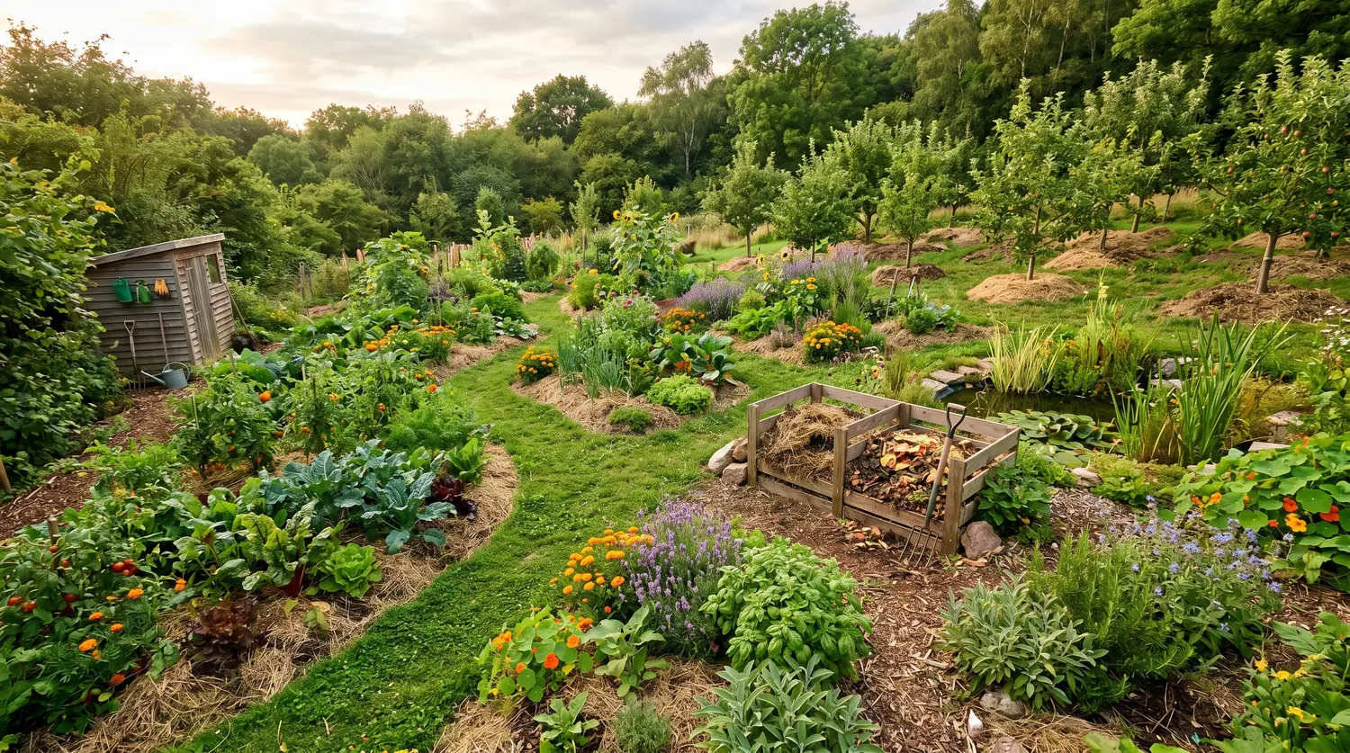 Jardin en permaculture foisonnant mêlant légumes, herbes et fleurs en planches paillées