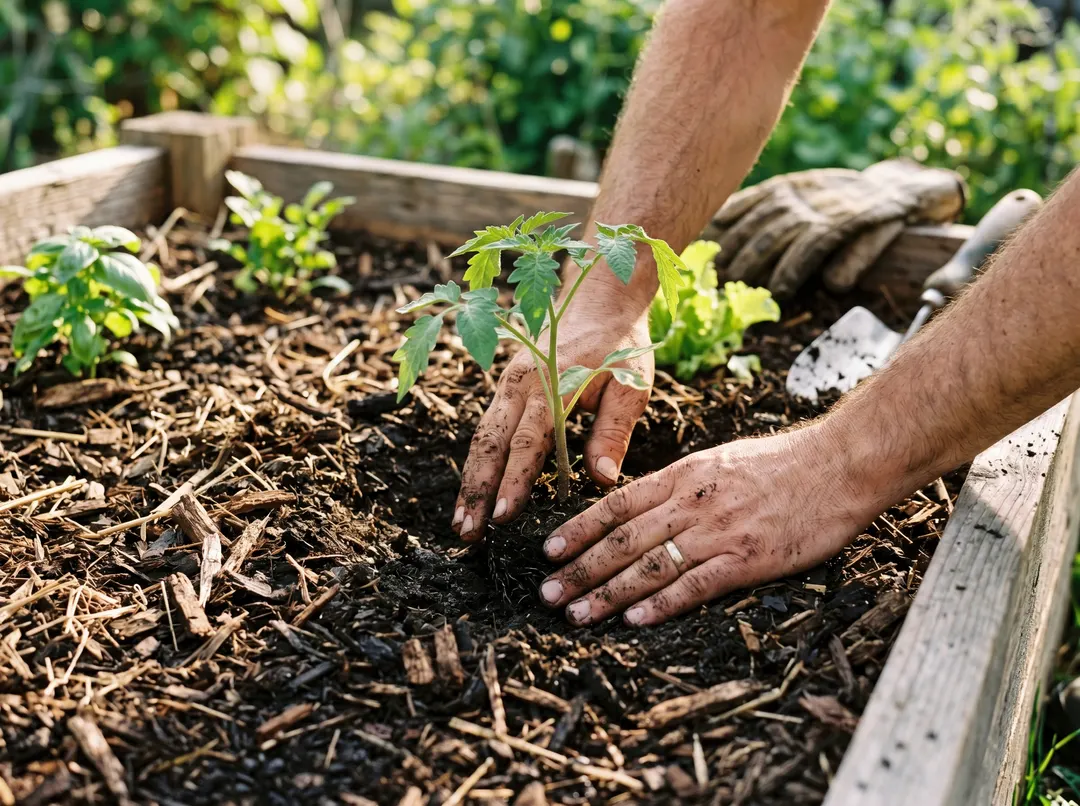 Mains plantant un jeune plant de légume dans un carré potager paillé