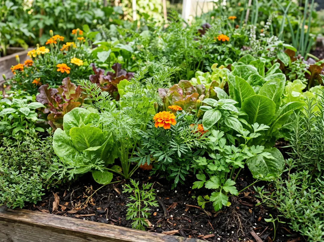 Planche de culture mêlant salades, carottes, œillets d’inde et aromatiques