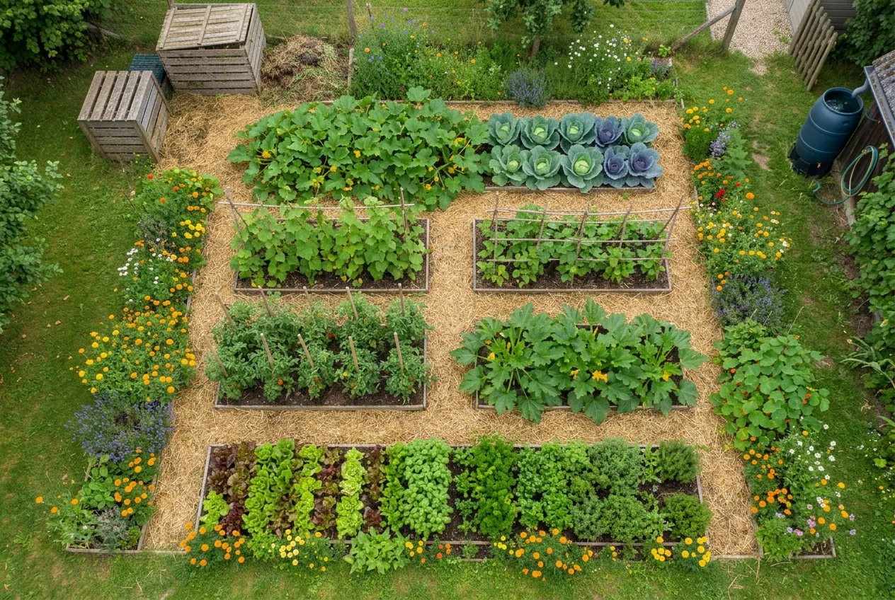 Plan vu du dessus d’un potager en permaculture de 20 m² : quatre planches de culture, allées paillées, coin compost et récupérateur d’eau