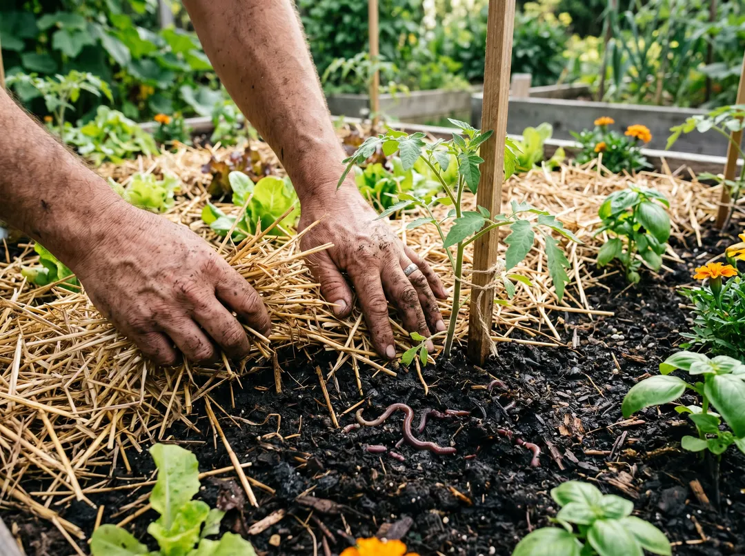 Mains étalant un paillage de paille autour de jeunes plants sur un sol vivant