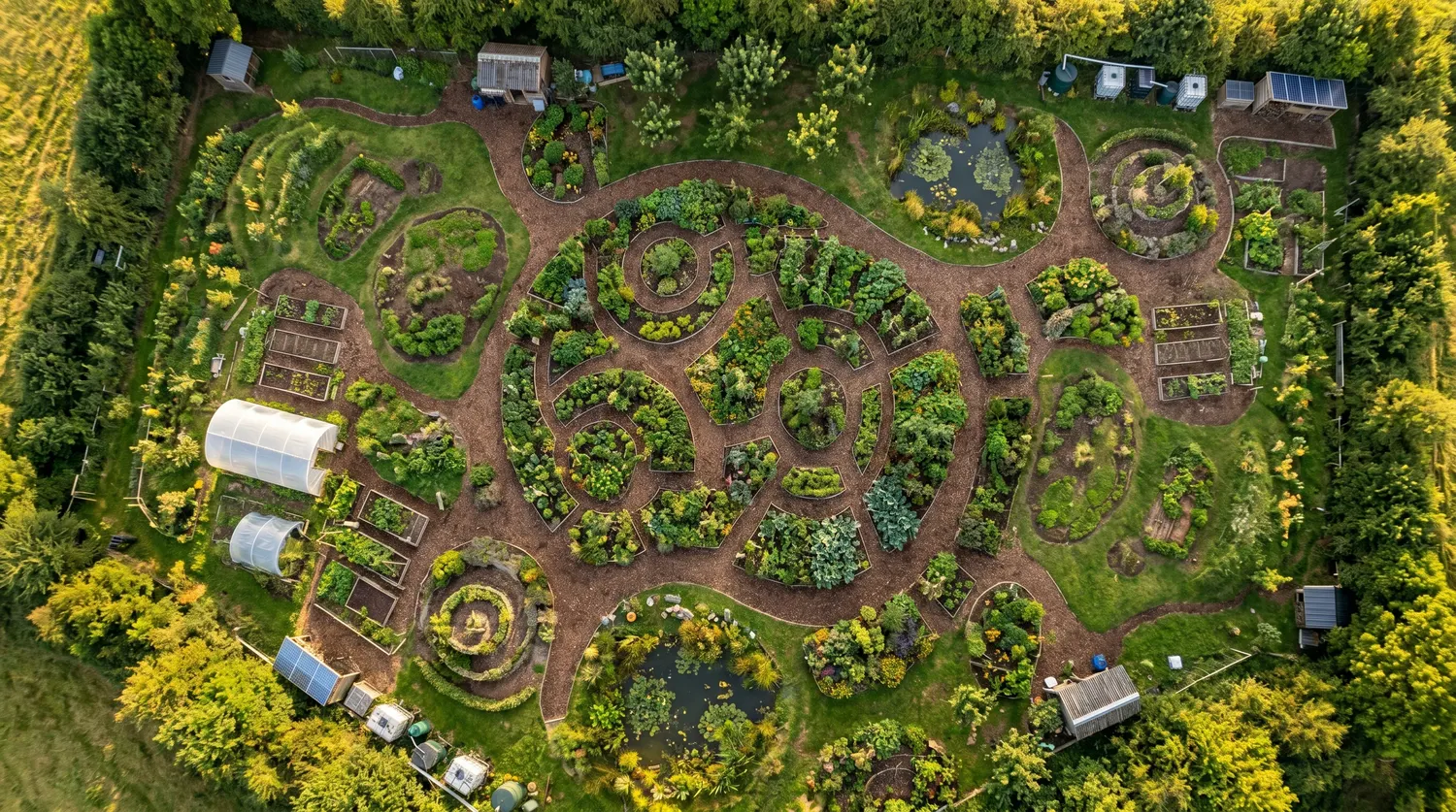 Vue de dessus d'un jardin en permaculture aux planches courbes et allées paillées