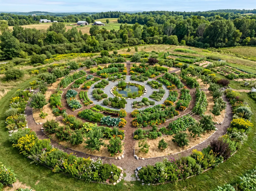 Jardin en mandala vu de dessus, planches concentriques en permaculture