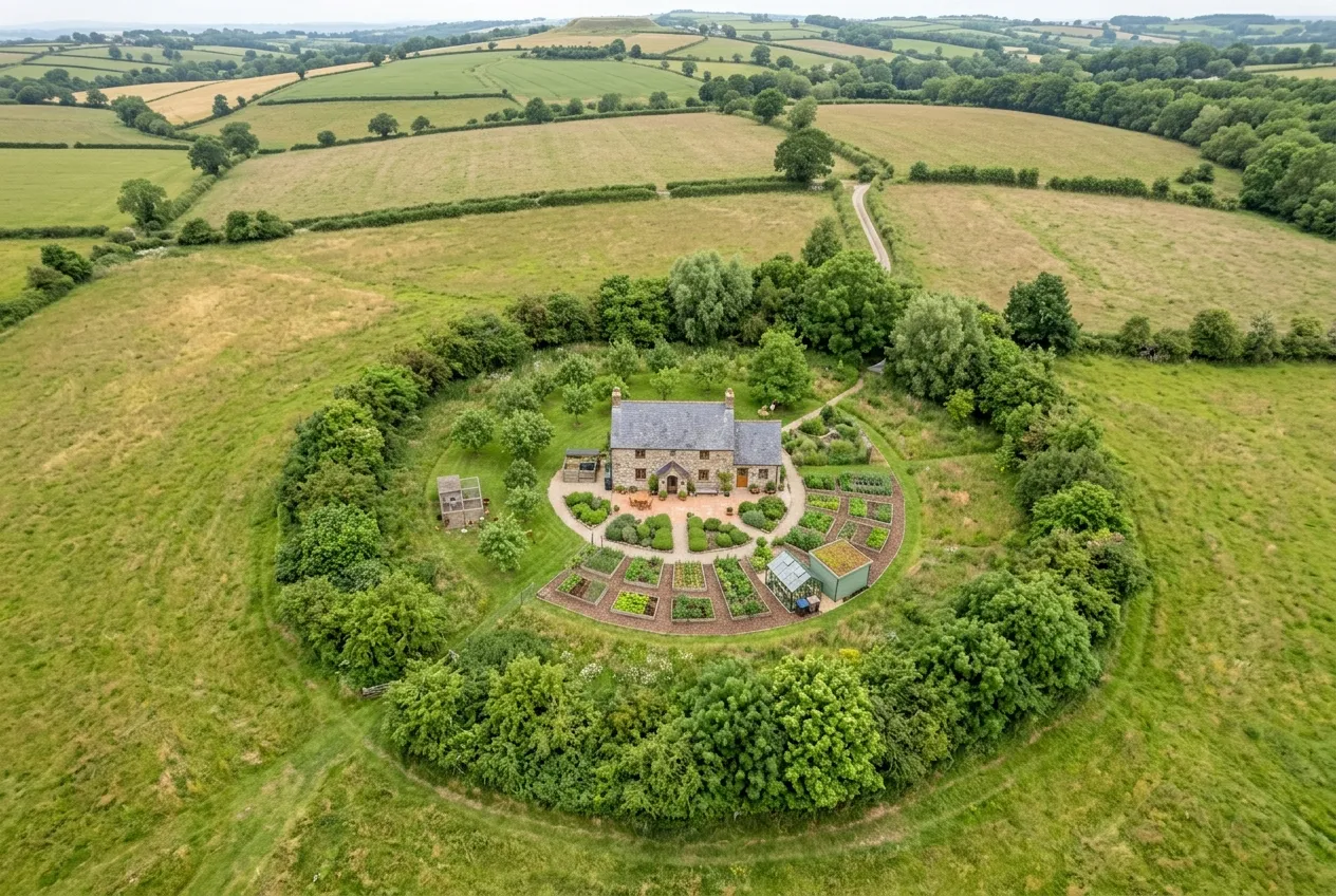 Zones du design en permaculture en cercles concentriques autour de la maison, du potager intensif à l'espace sauvage
