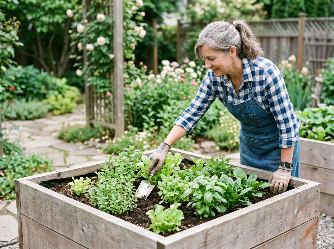 Personne atteignant facilement le centre d'un carré potager pour entretenir les plants