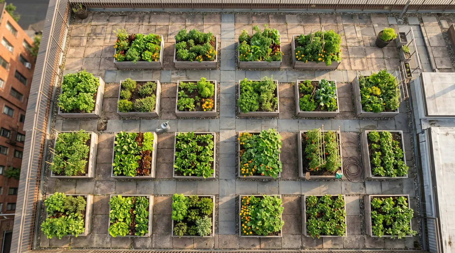 Vue de dessus de carrés potagers en bois de différentes tailles disposés sur une terrasse