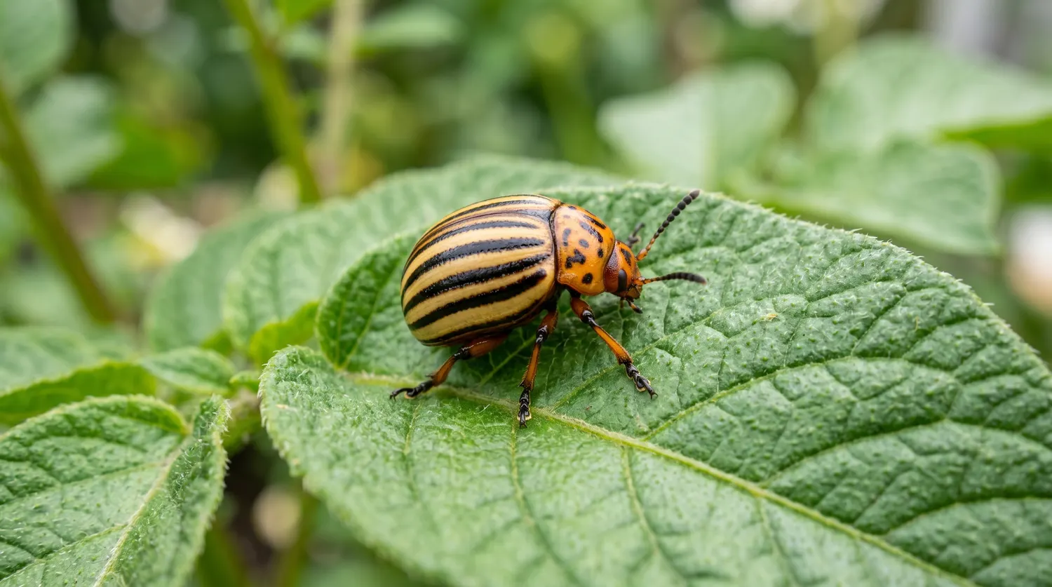 Doryphore adulte rayé jaune et noir sur une feuille de pomme de terre