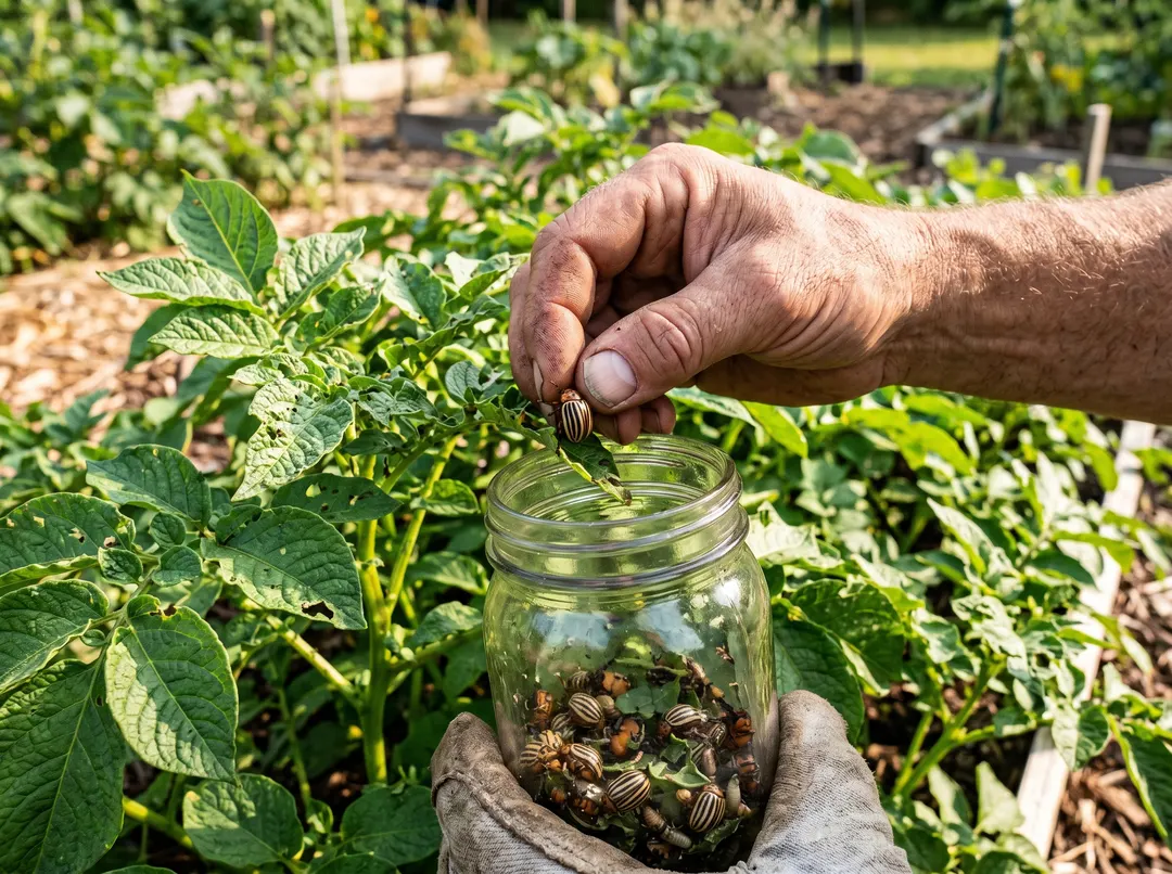 Ramassage manuel des doryphores sur les pommes de terre dans un bocal