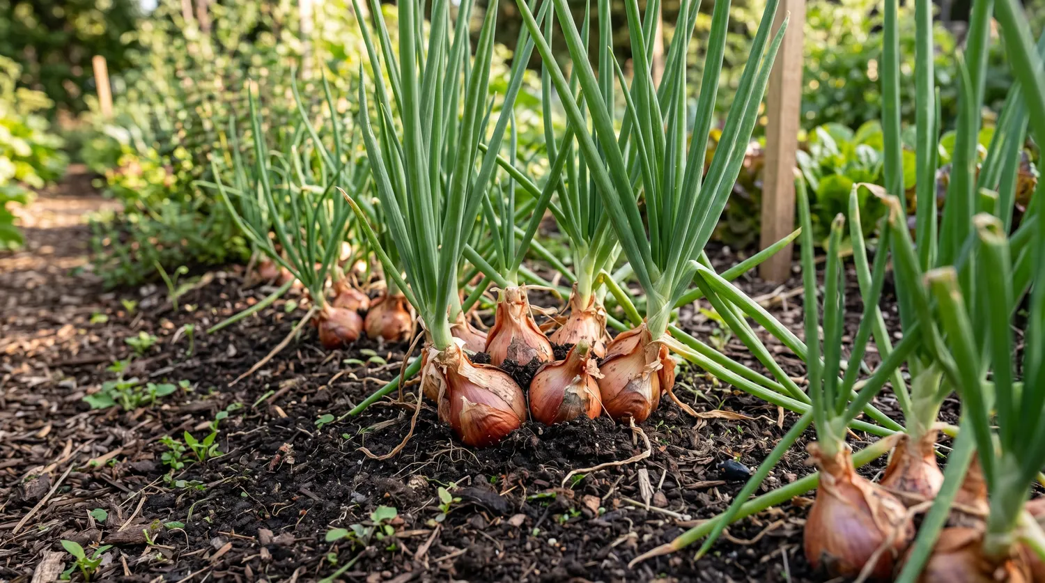 Échalotes poussant en rang au potager, touffes de bulbes avec leur feuillage vert