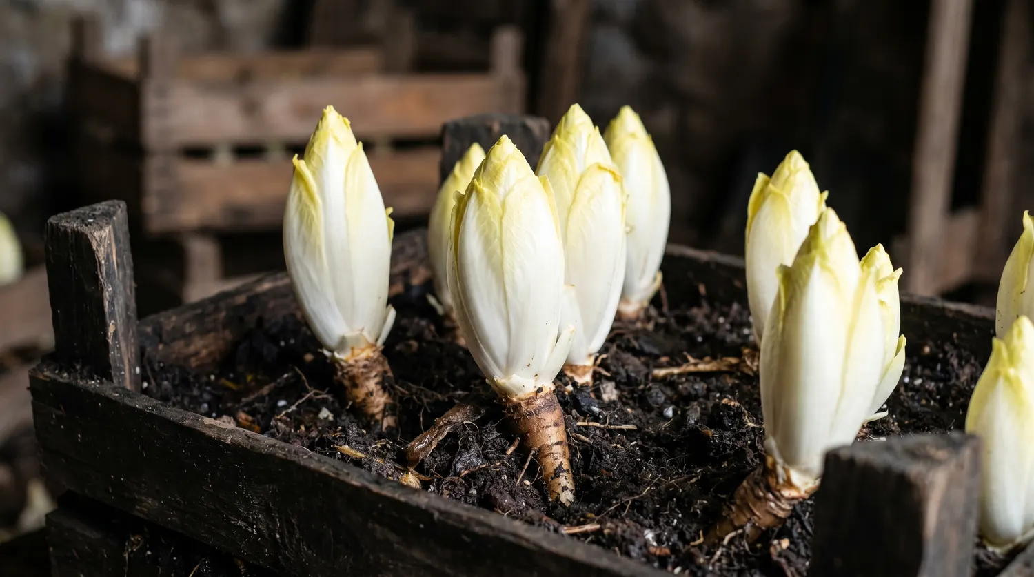 Chicons d'endive blancs poussant à partir de racines de chicorée forcées à l'obscurité