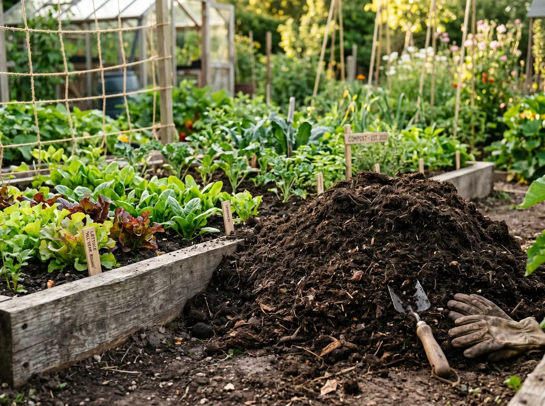 Tas de fumier de cheval décomposé à côté d’une planche de potager