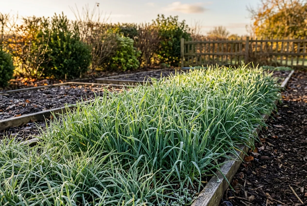 Seigle et avoine en engrais vert, couverture végétale d'hiver sur une planche de potager givrée