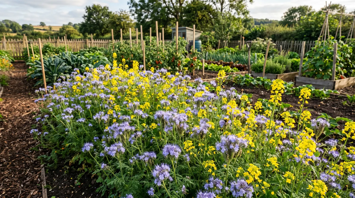 Champ de phacélie et moutarde en fleur, engrais vert au potager