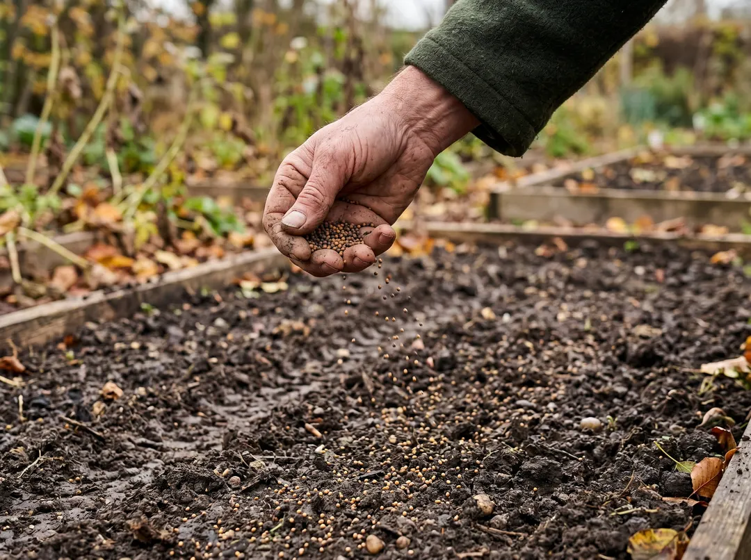Main semant des graines de moutarde sur un sol préparé à l'automne