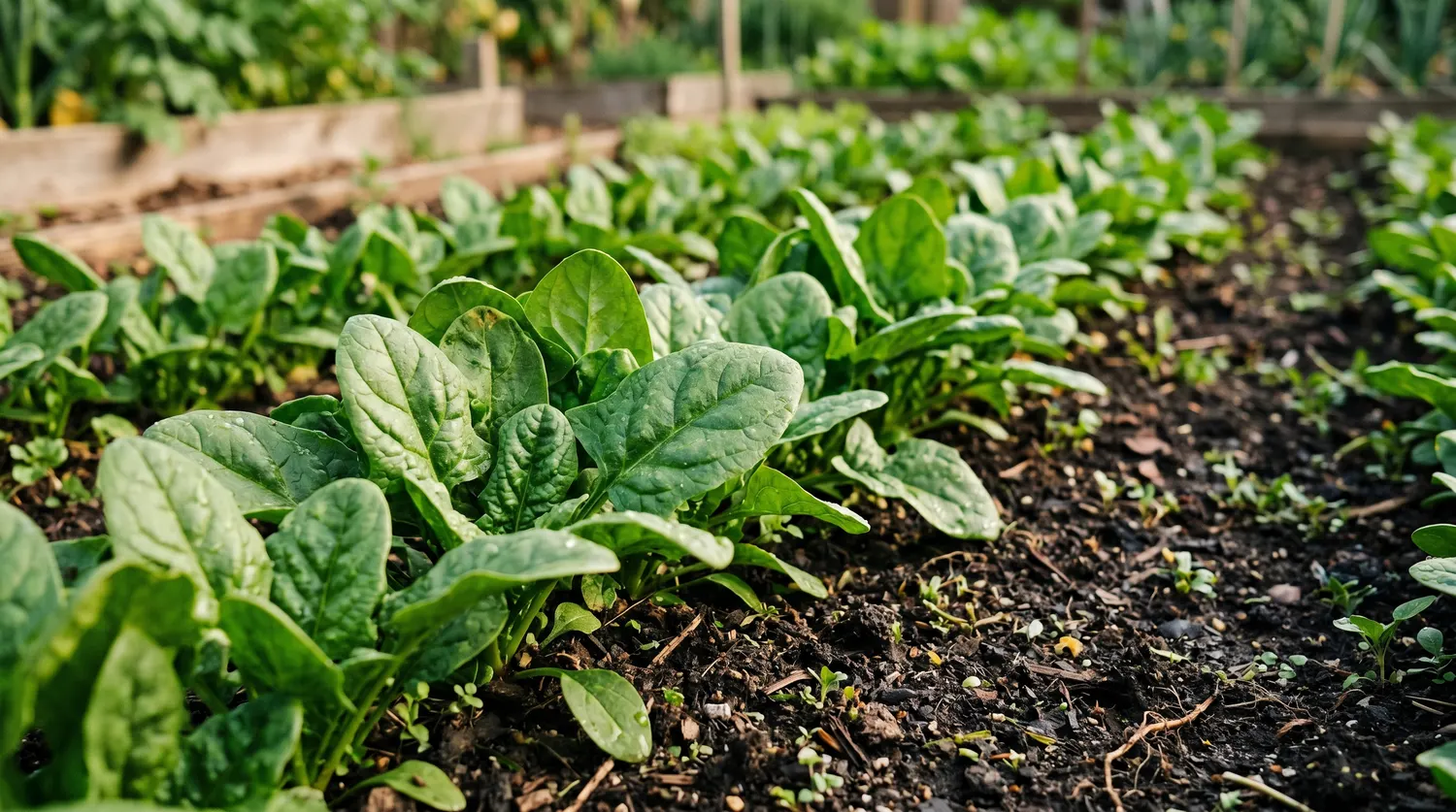 Épinards verts poussant en rang au potager avec de larges feuilles tendres