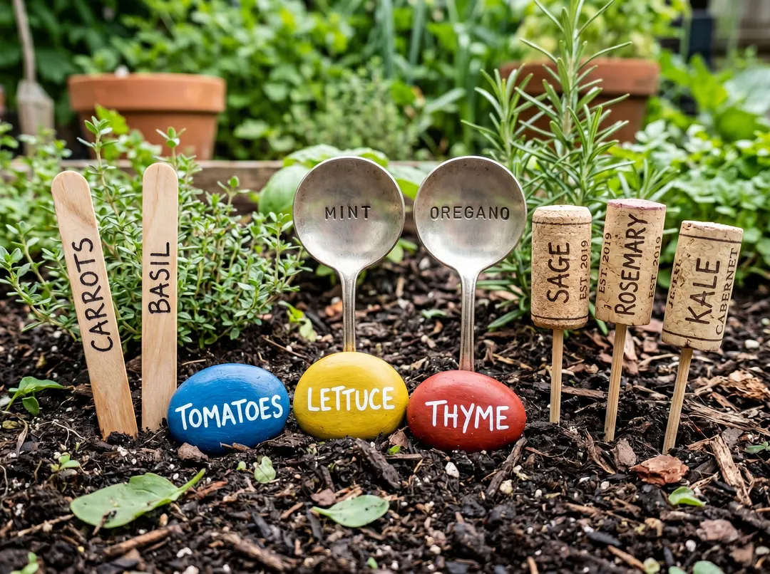 Étiquettes de potager faites maison à partir de bâtons, galets, cuillères et bouchons