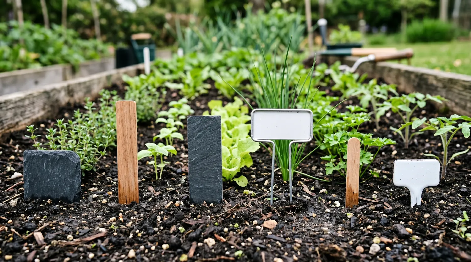 Étiquettes de jardin en ardoise, bois et métal plantées dans la terre du potager
