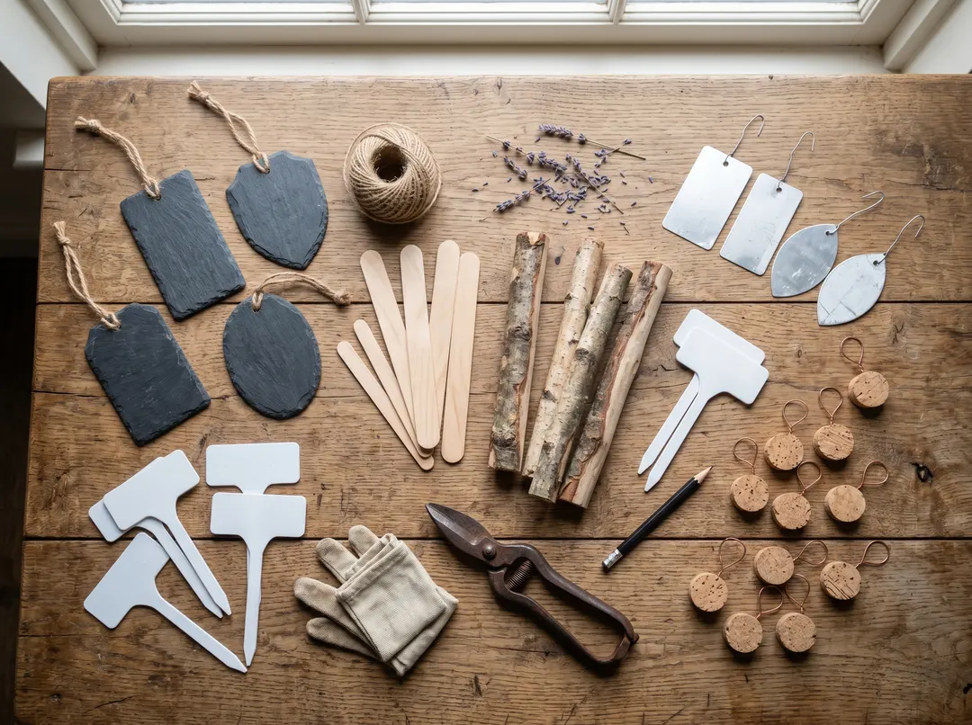 Différents matériaux d’étiquettes de jardin : ardoise, bois, plastique recyclé, aluminium