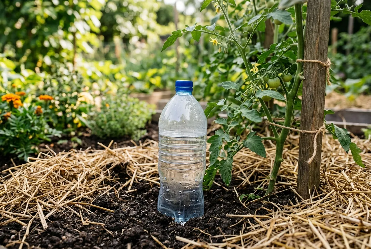 Bouteille en plastique percée enterrée à côté d’un pied de tomate pour remplacer un oya