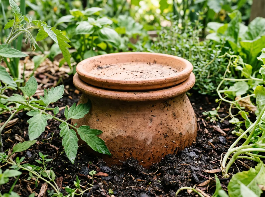 Oya maison enterré dans une planche de potager avec sa soucoupe couvercle