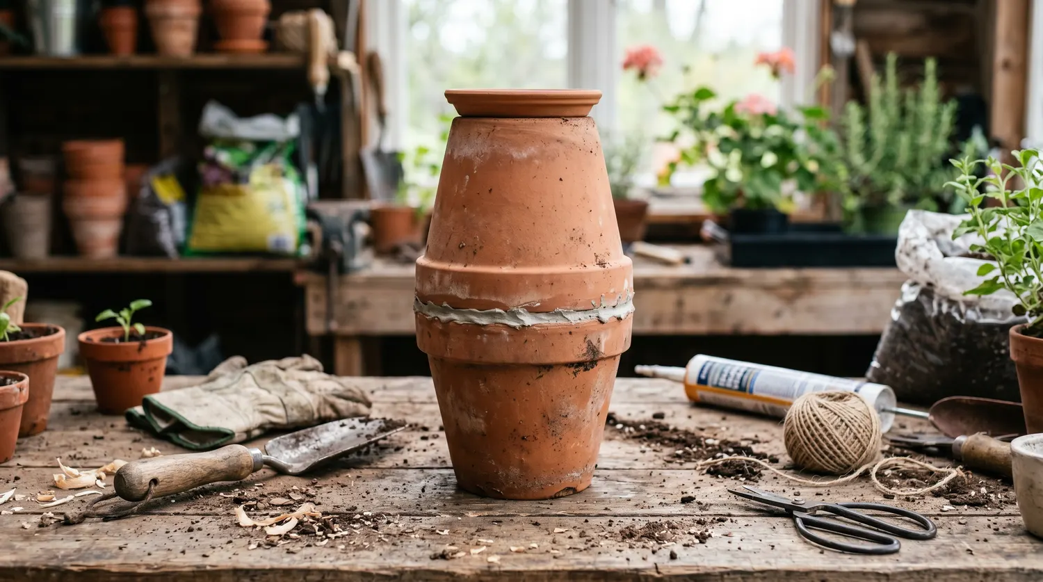Deux pots en terre cuite assemblés pour fabriquer un oya maison