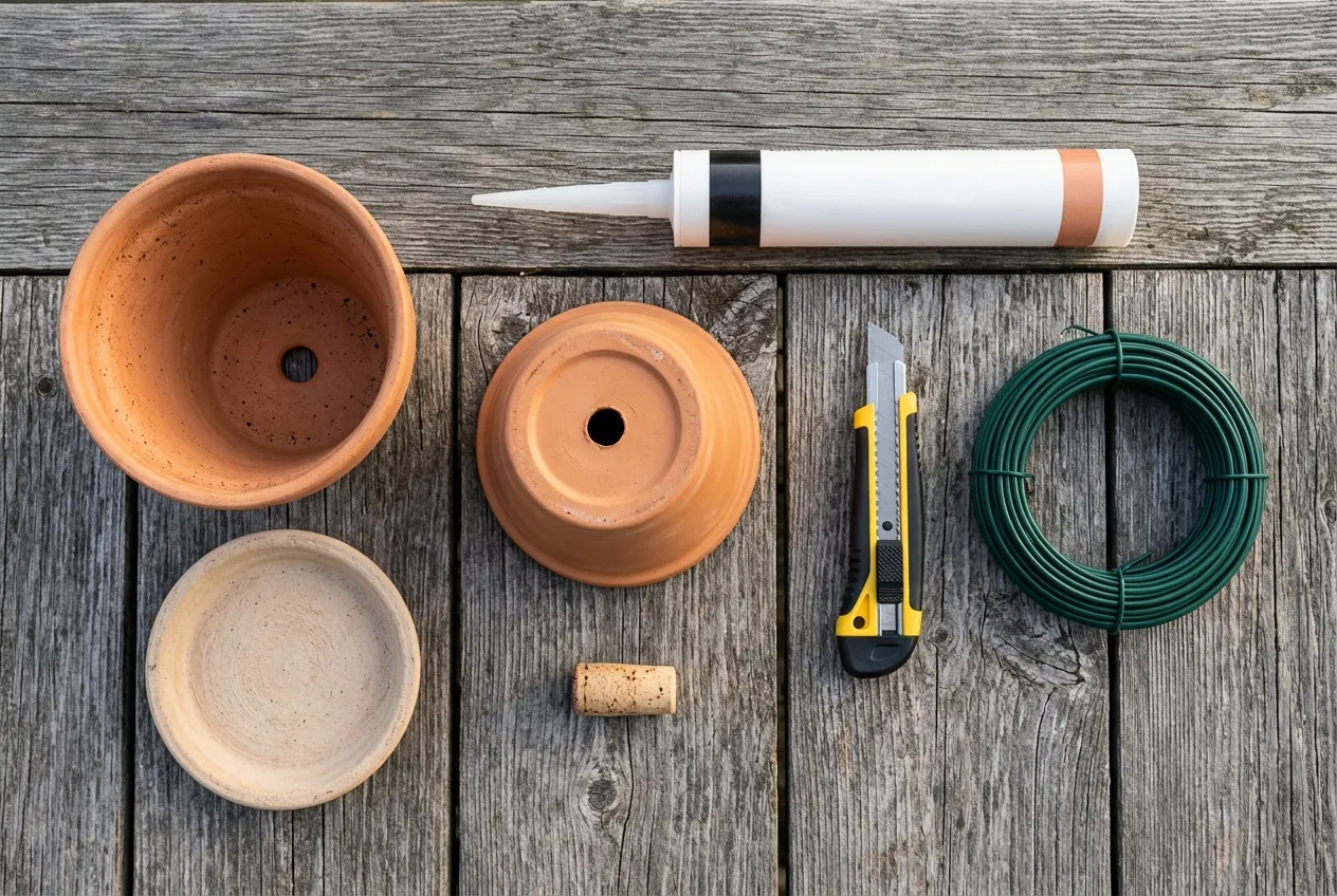 Matériel pour fabriquer un oya : deux pots en terre cuite, bouchon en liège, soucoupe et cartouche de joint