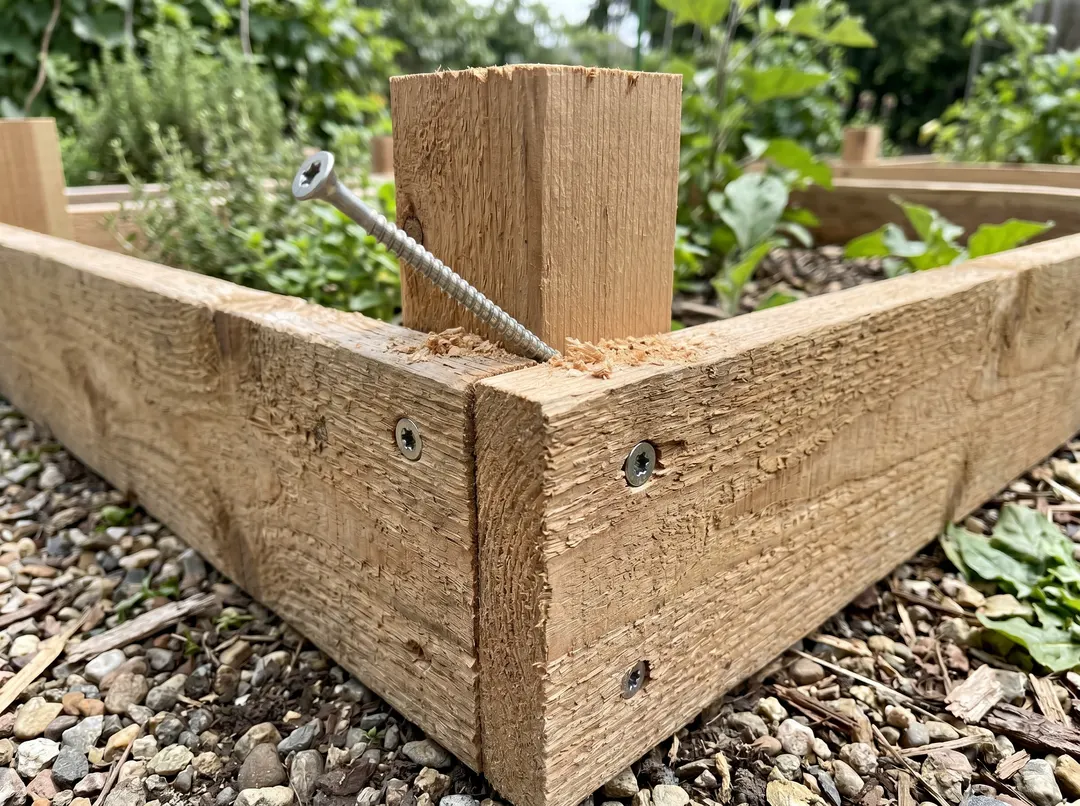 Assemblage de deux planches vissées à l'angle pour former le cadre d'un carré potager