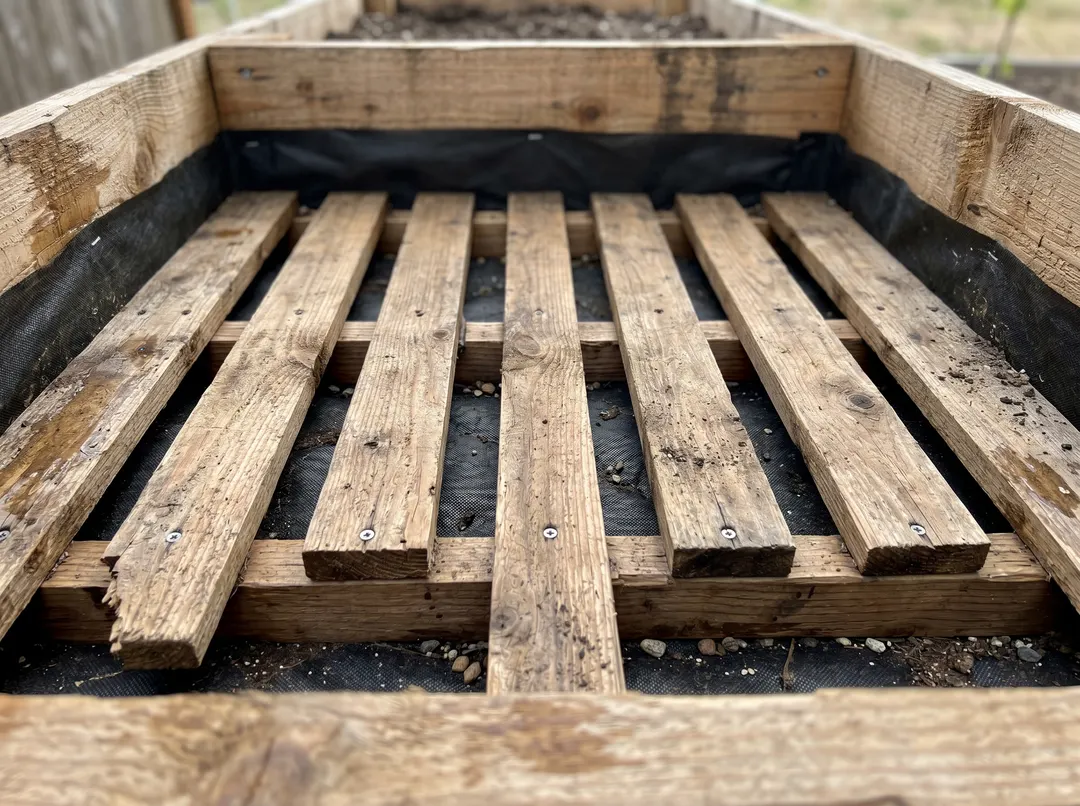 Fond à lames ajourées d'un potager surélevé tapissé d'un feutre géotextile, espaces de drainage