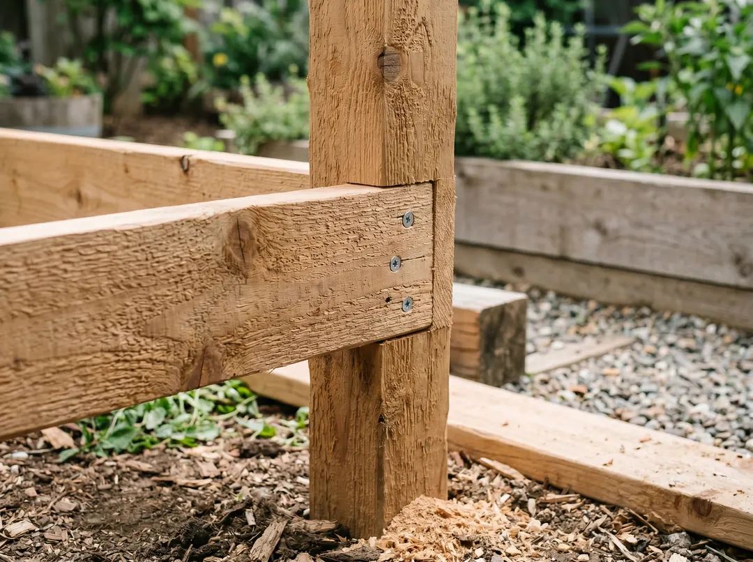Gros plan sur la structure en bois des pieds d'un potager surélevé en cours de vissage