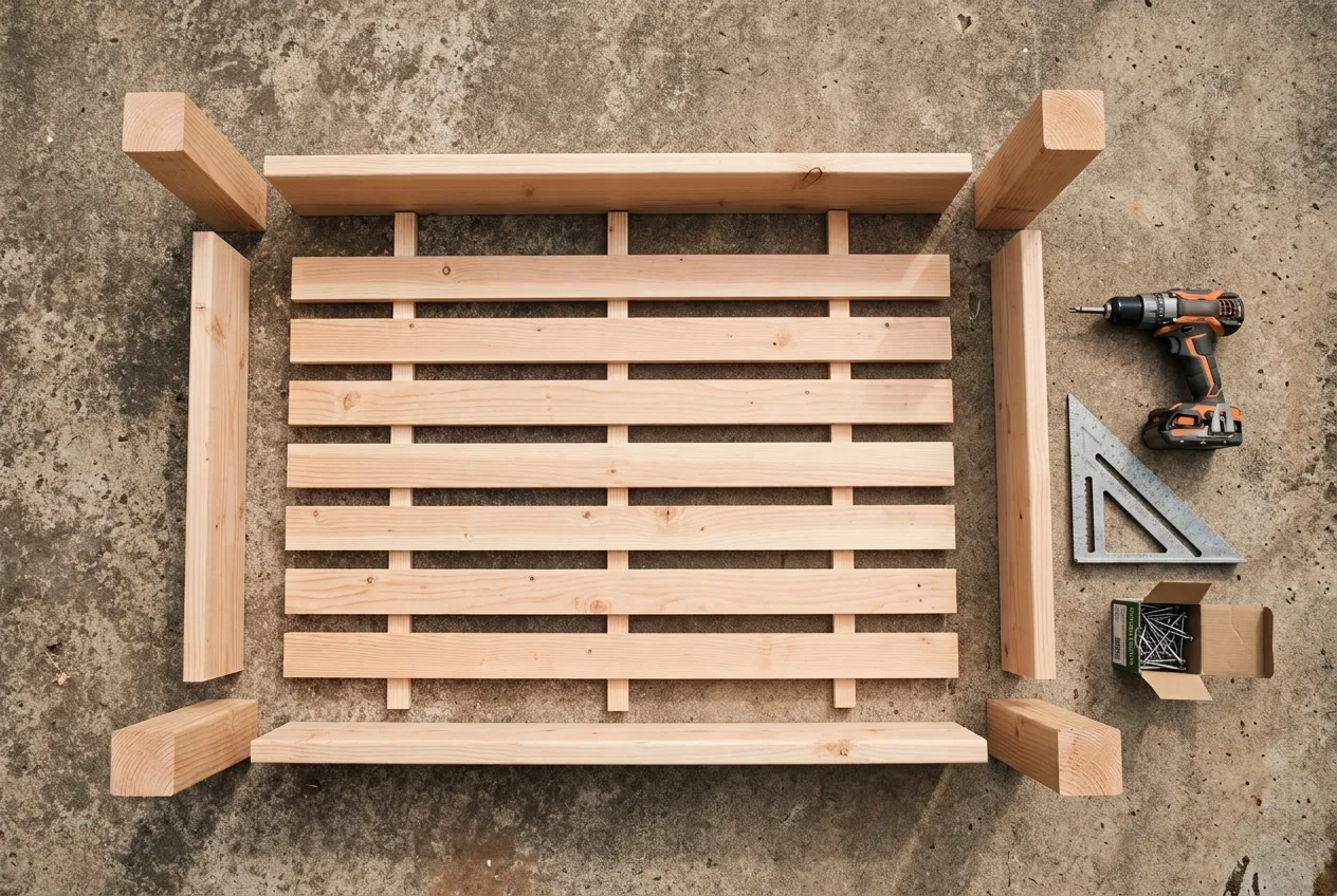 Plan d'un potager surélevé 120 × 80 cm : poteaux d'angle, lames de côté, lames de fond espacées et traverses de renfort