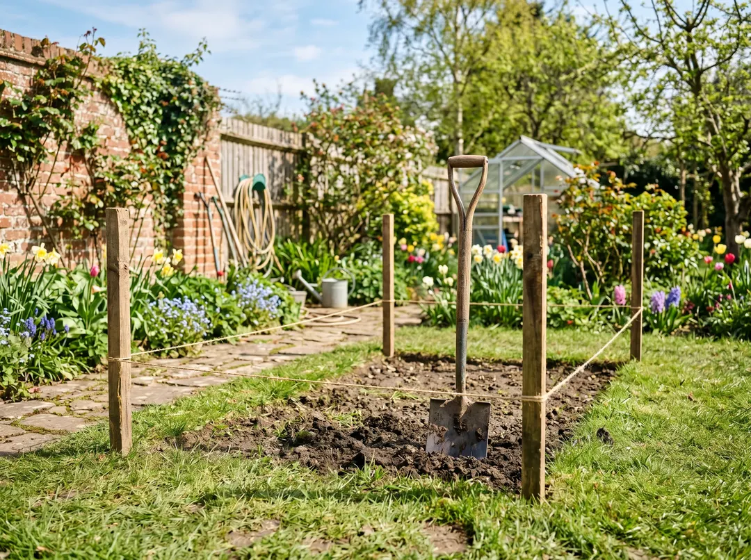 Coin de jardin ensoleillé délimité au cordeau pour créer un nouveau potager
