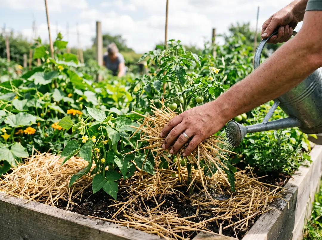 Main paillant et arrosant des plants de légumes dans un potager en pleine production