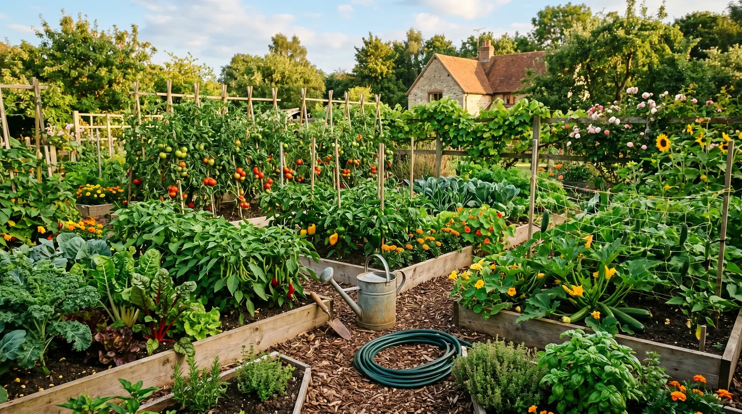 Beau jardin potager familial en été avec planches de légumes variés et allées
