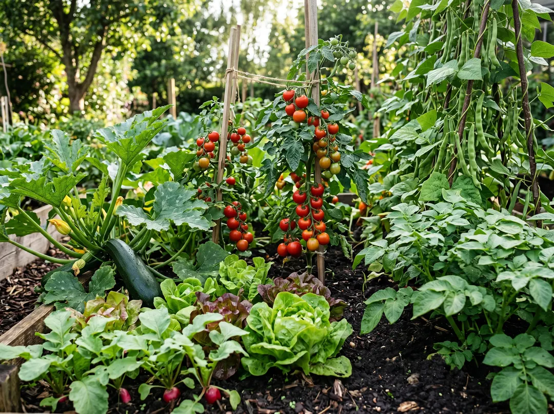 Variété de légumes faciles : tomates, courgettes, salades, radis et pommes de terre