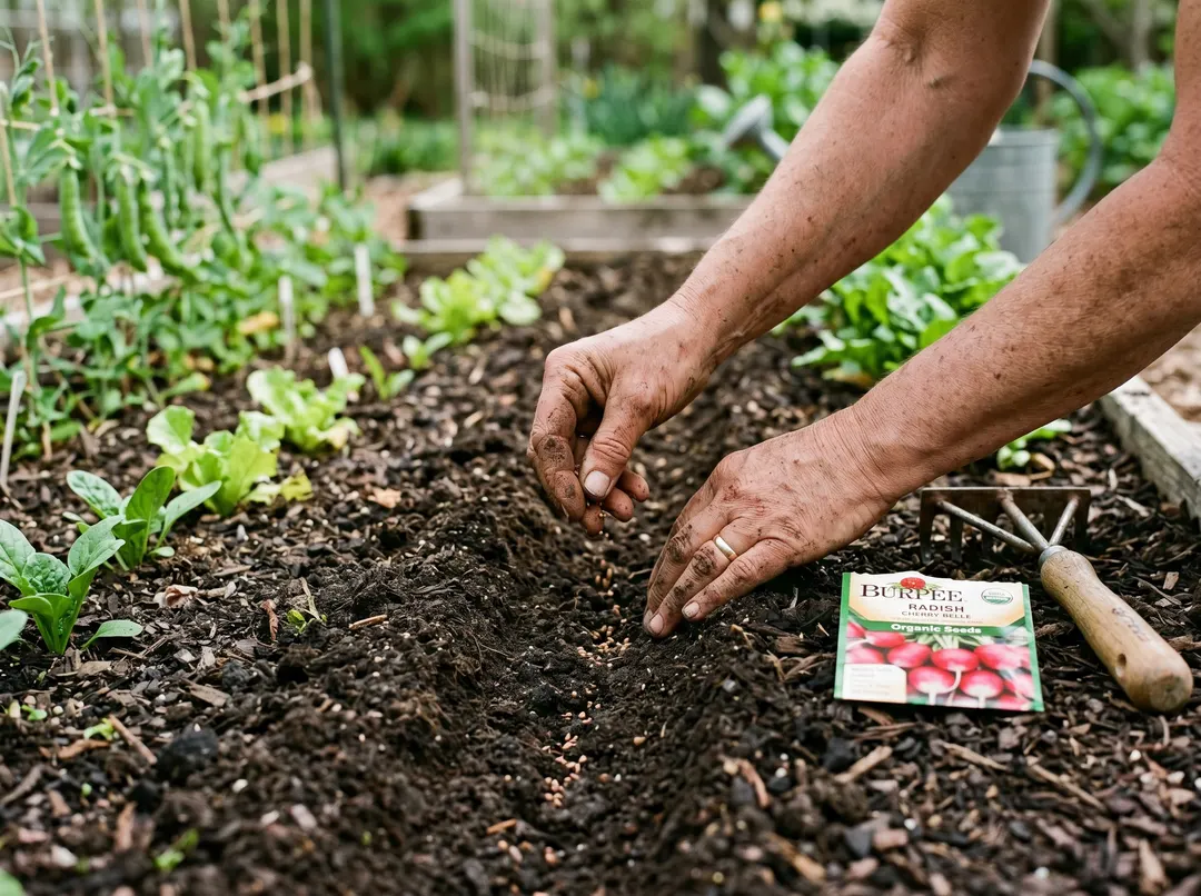 Mains semant des graines dans un rang préparé du potager