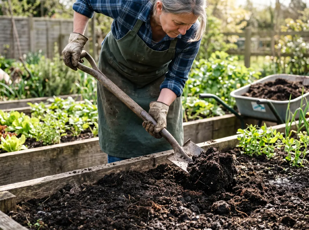 Jardinière préparant la terre d’un potager à la bêche et incorporant du compost