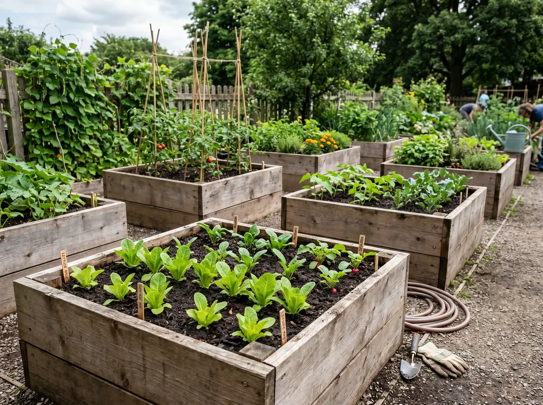 Plusieurs carrés potagers en bois remplis de terre et de jeunes légumes