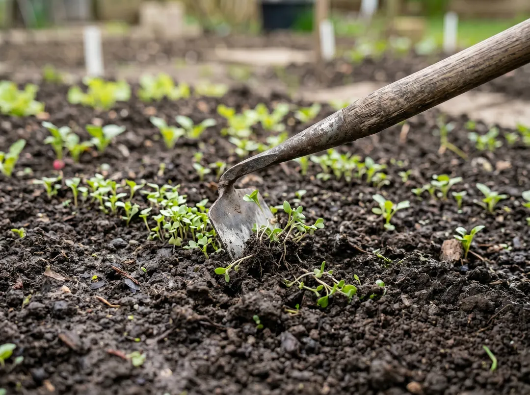 Binette tranchant de jeunes mauvaises herbes sur une planche de semis préparée