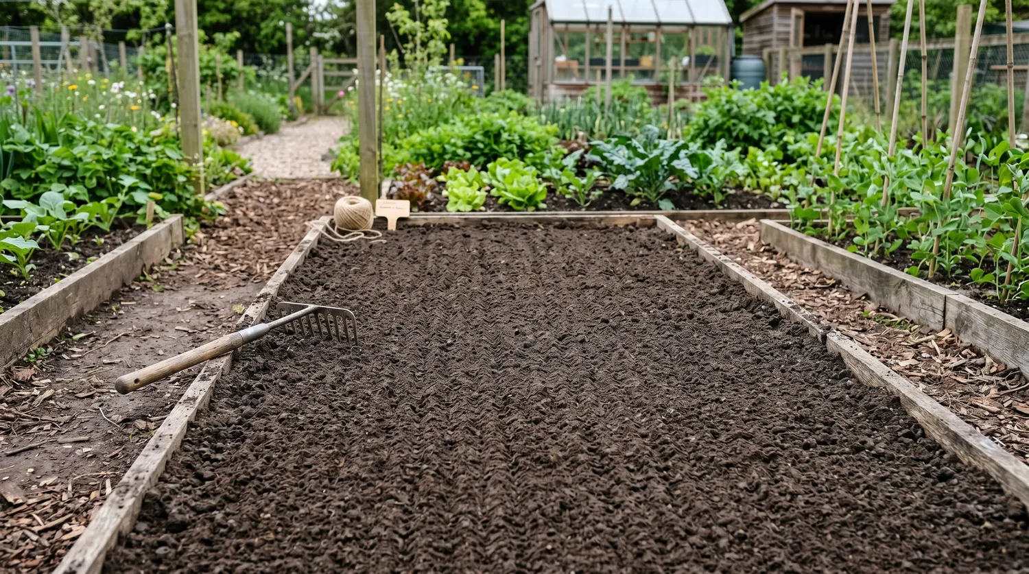 Planche de semis finement préparée et humide au potager, prête avant le semis