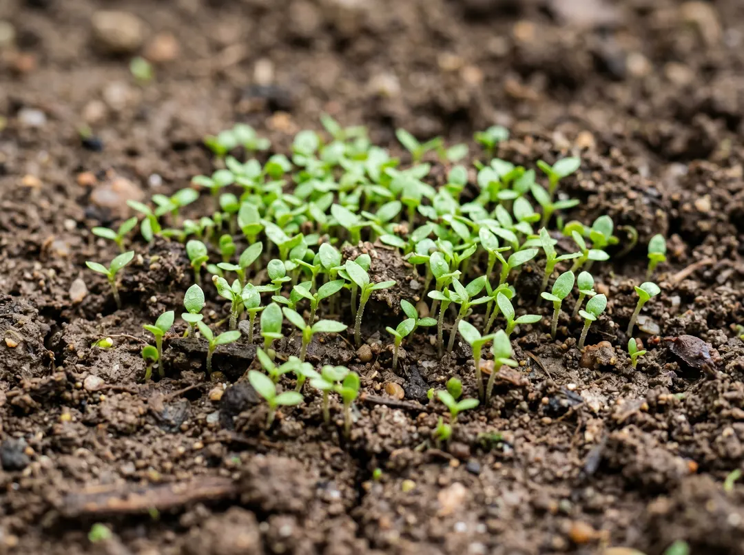 Levée de jeunes plantules de mauvaises herbes sur un sol nu brun