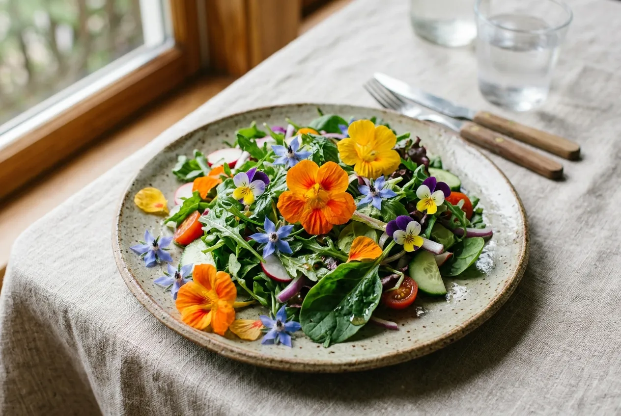 Assiette de salade dressée avec des pétales de capucine, de bourrache et de pensée