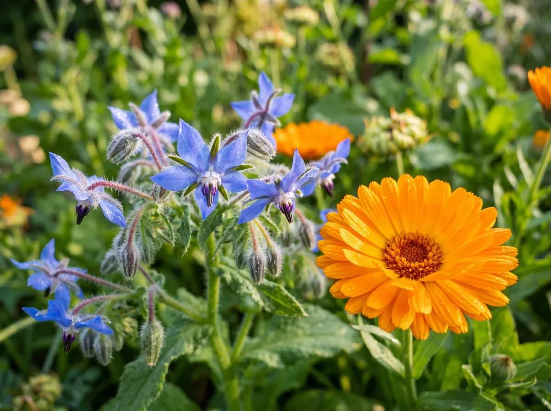 Fleurs bleues de bourrache et souci orange, fleurs comestibles
