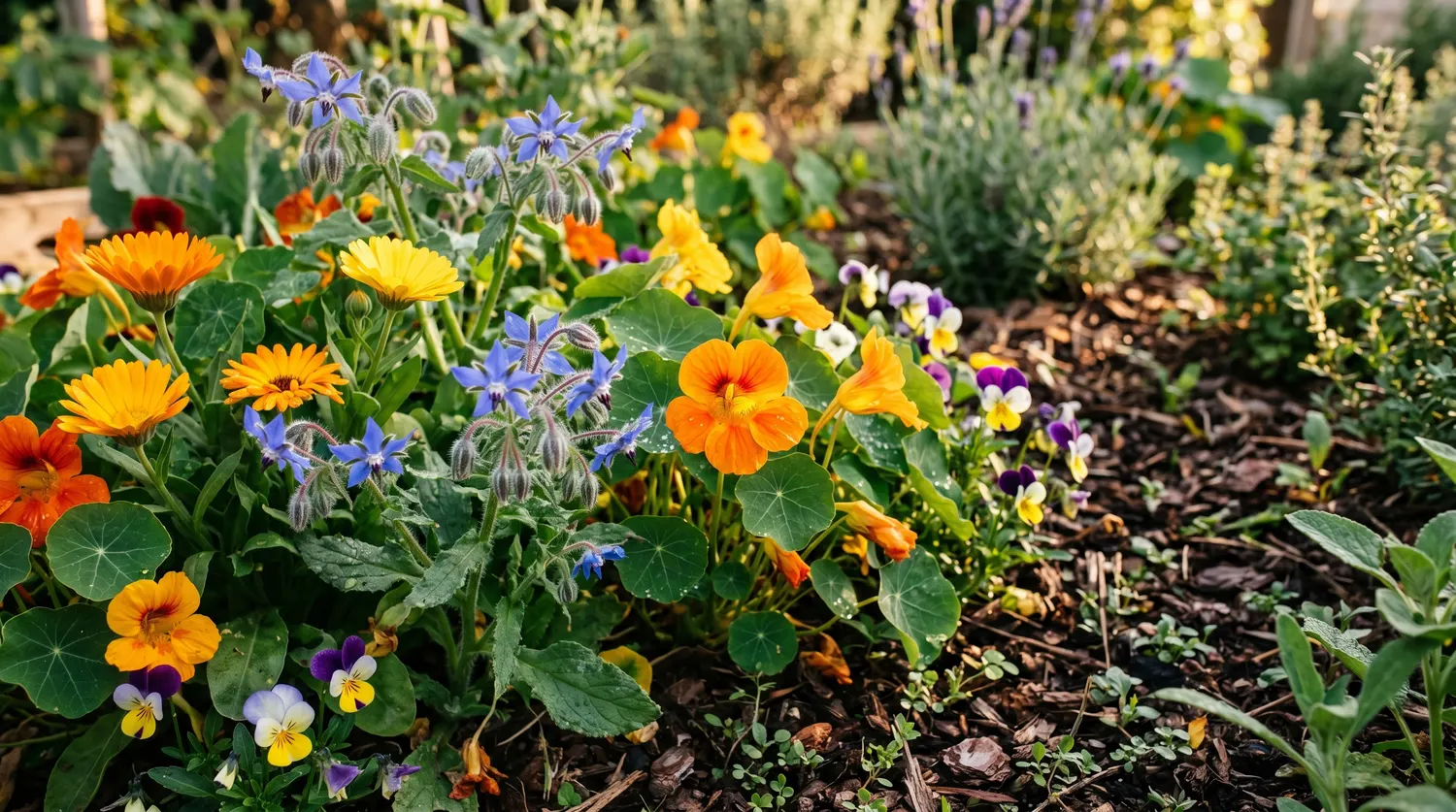 Fleurs comestibles colorées au jardin : capucines, bourrache, souci, pensées